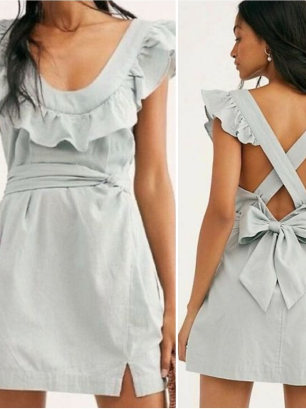 FP Free People Linen Blend Lara‎ Ruffle Dress XS Seafoam Cross Back Coastal Boho